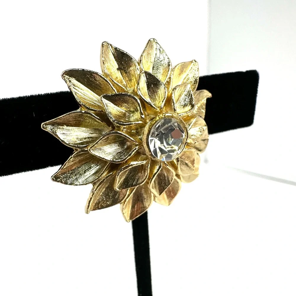 Vintage Gold Tone Layered Flower Brooch with Clear Rhinestone Center 1.75 Inch
